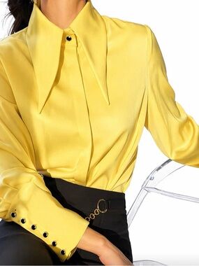 Yellow Satin Point-Collar Blouse with Decorative Cuff Buttons